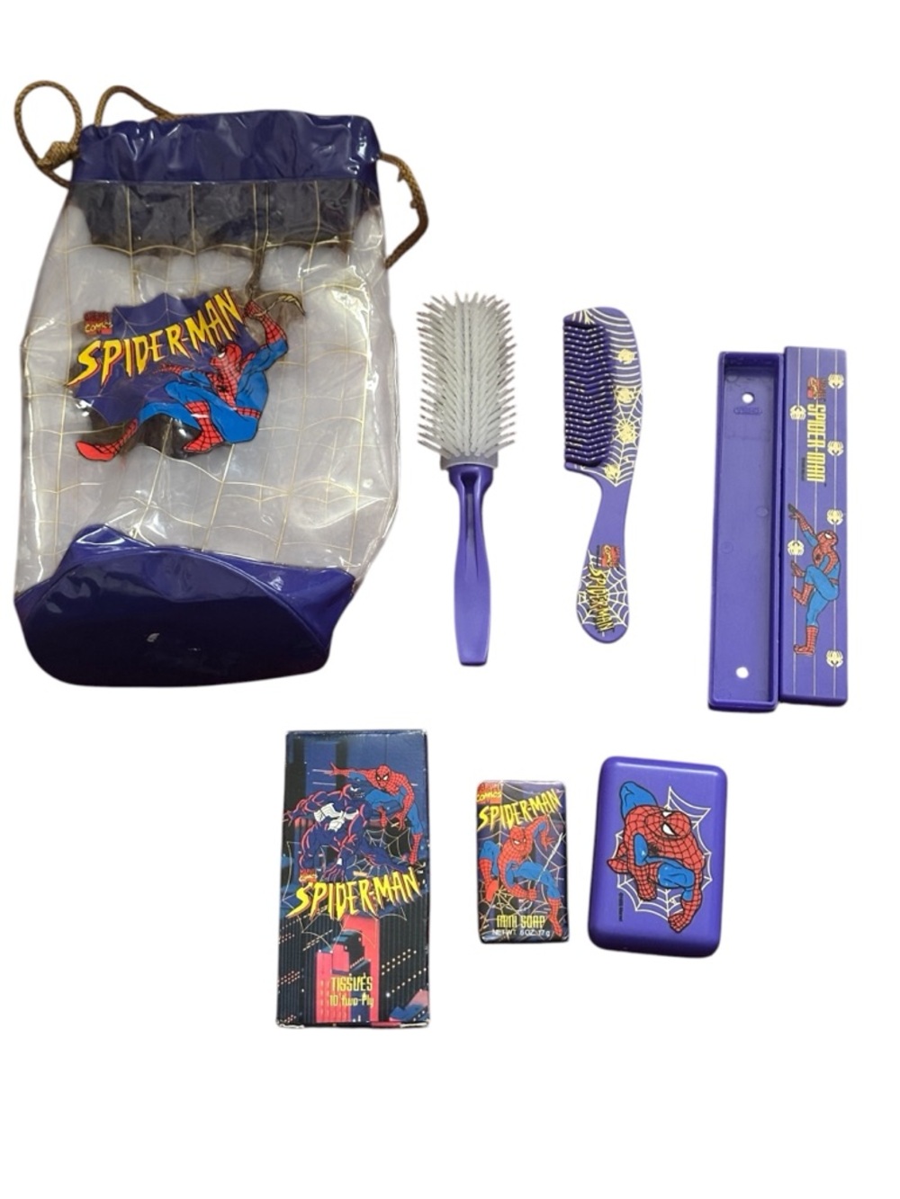 Vtg Marvel Spider-Man Bathroom Set Brush Comb Soap Holder Tissues W/ Travel Bag